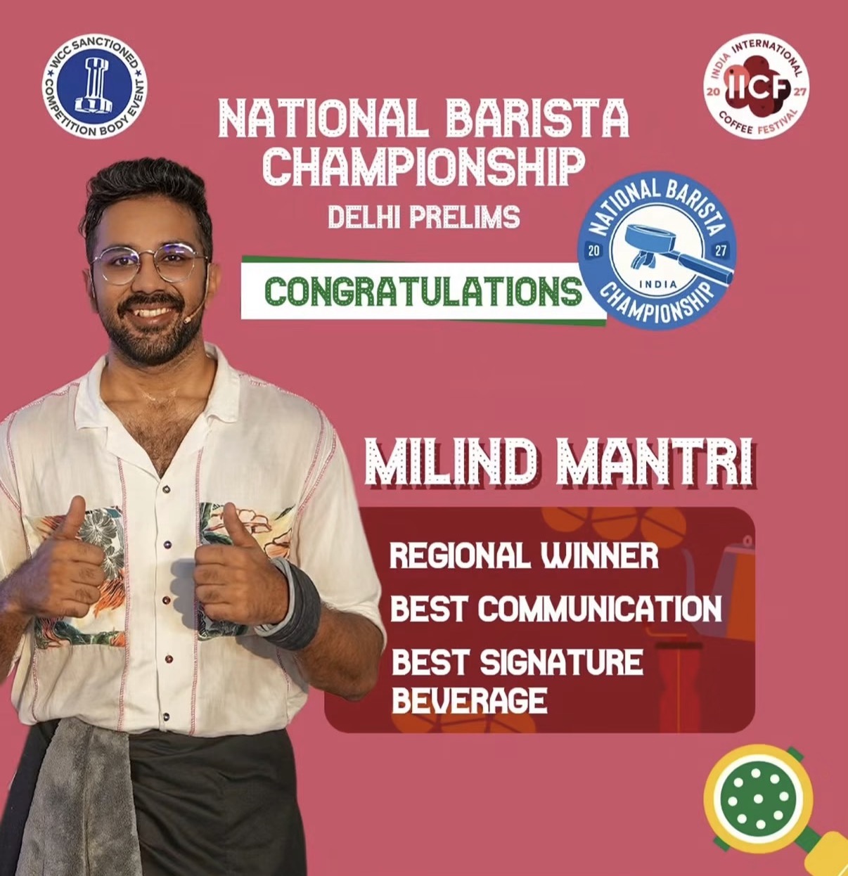 National Barista Championship poster celebrating Milind Mantri's regional win and awards